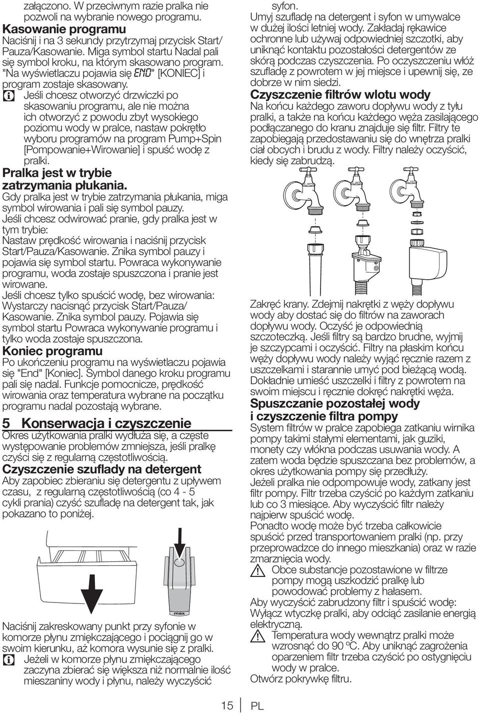 C Jeśli chcesz otworzyć drzwiczki po skasowaniu programu, ale nie można ich otworzyć z powodu zbyt wysokiego poziomu wody w pralce, nastaw pokrętło wyboru programów na program Pump+Spin