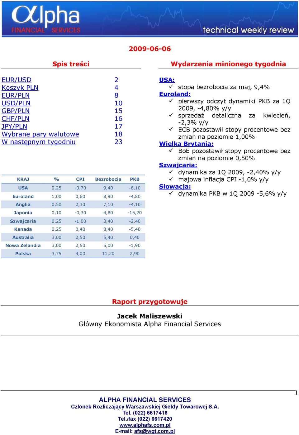 2009, -4,80% y/y sprzedaż detaliczna za kwiecień, -2,3% y/y ECB pozostawił stopy procentowe bez zmian na poziomie 1,00% Wielka Brytania: BoE pozostawił stopy procentowe bez zmian na poziomie 0,50%