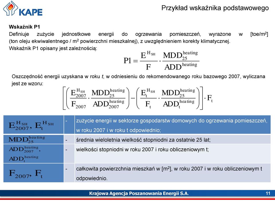 Wskaźnik P1 opisany jest zależnością: P1 MDD ADD E H SH heating 25 heating Oszczędność energii uzyskana w roku t, w odniesieniu do rekomendowanego roku bazowego 2007, wyliczana jest ze wzoru: H