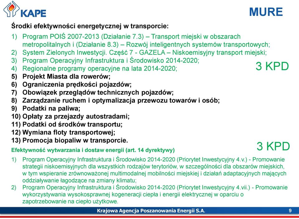 Część 7 - GAZELA Niskoemisyjny transport miejski; 3) Program Operacyjny Infrastruktura i Środowisko 2014-2020; 4) Regionalne programy operacyjne na lata 2014-2020; 5) Projekt Miasta dla rowerów; 6)