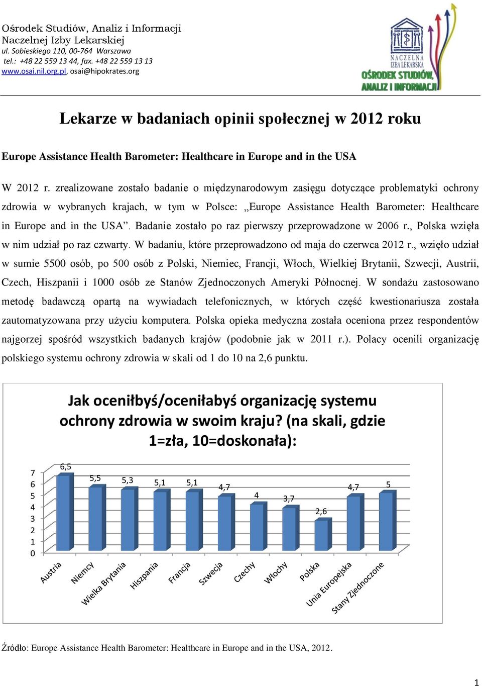 zrealizowane zostało badanie o międzynarodowym zasięgu dotyczące problematyki ochrony zdrowia w wybranych krajach, w tym w Polsce: Europe Assistance Health Barometer: Healthcare in Europe and in the