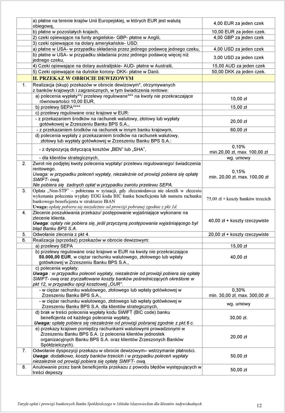 jednego czeku, 4,00 USD za jeden czek b) płatne w USA- w przypadku składania przez jednego podawcę więcej niż jednego czeku, 3,00 USD za jeden czek 4) Czeki opiewające na dolary australijskie- AUD-