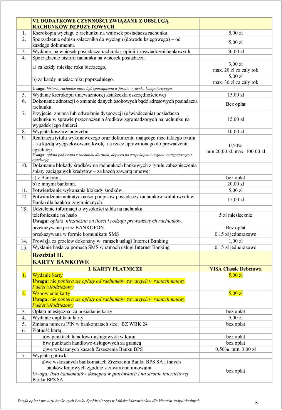 Sporządzenie historii rachunku na wniosek posiadacza: a) za każdy miesiąc roku bieżącego, 3,00 zł max. 20 zł za cały rok b) za każdy miesiąc roku poprzedniego. max. 30 zł za cały rok historia rachunku może być sporządzona w formie wydruku komputerowego.