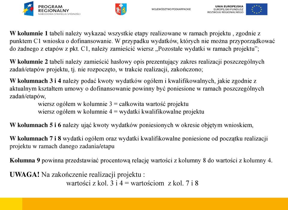 C1, należy zamieścić wiersz Pozostałe wydatki w ramach projektu ; W kolumnie 2 tabeli należy zamieścić hasłowy opis prezentujący zakres realizacji poszczególnych zadań/etapów projektu, tj.