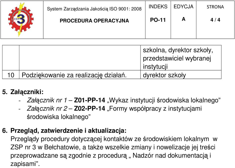 Załączniki: - Załącznik nr 1 Z01-PP-14 Wykaz instytucji środowiska lokalnego - Załącznik nr 2 Z02-PP-14 Formy współpracy z instytucjami