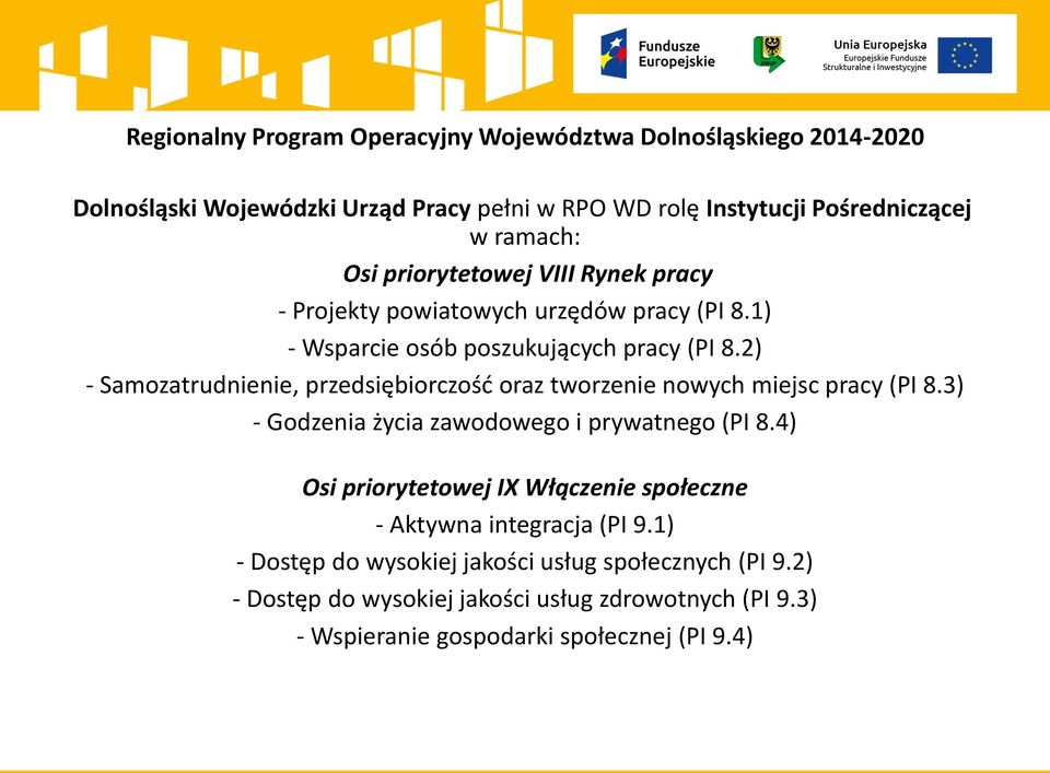 2) - Samozatrudnienie, przedsiębiorczość oraz tworzenie nowych miejsc pracy (PI 8.3) - Godzenia życia zawodowego i prywatnego (PI 8.