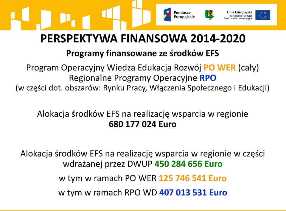 obszarów: Rynku Pracy, Włączenia Społecznego i Edukacji) Alokacja środków EFS na realizację wsparcia w regionie 680 177