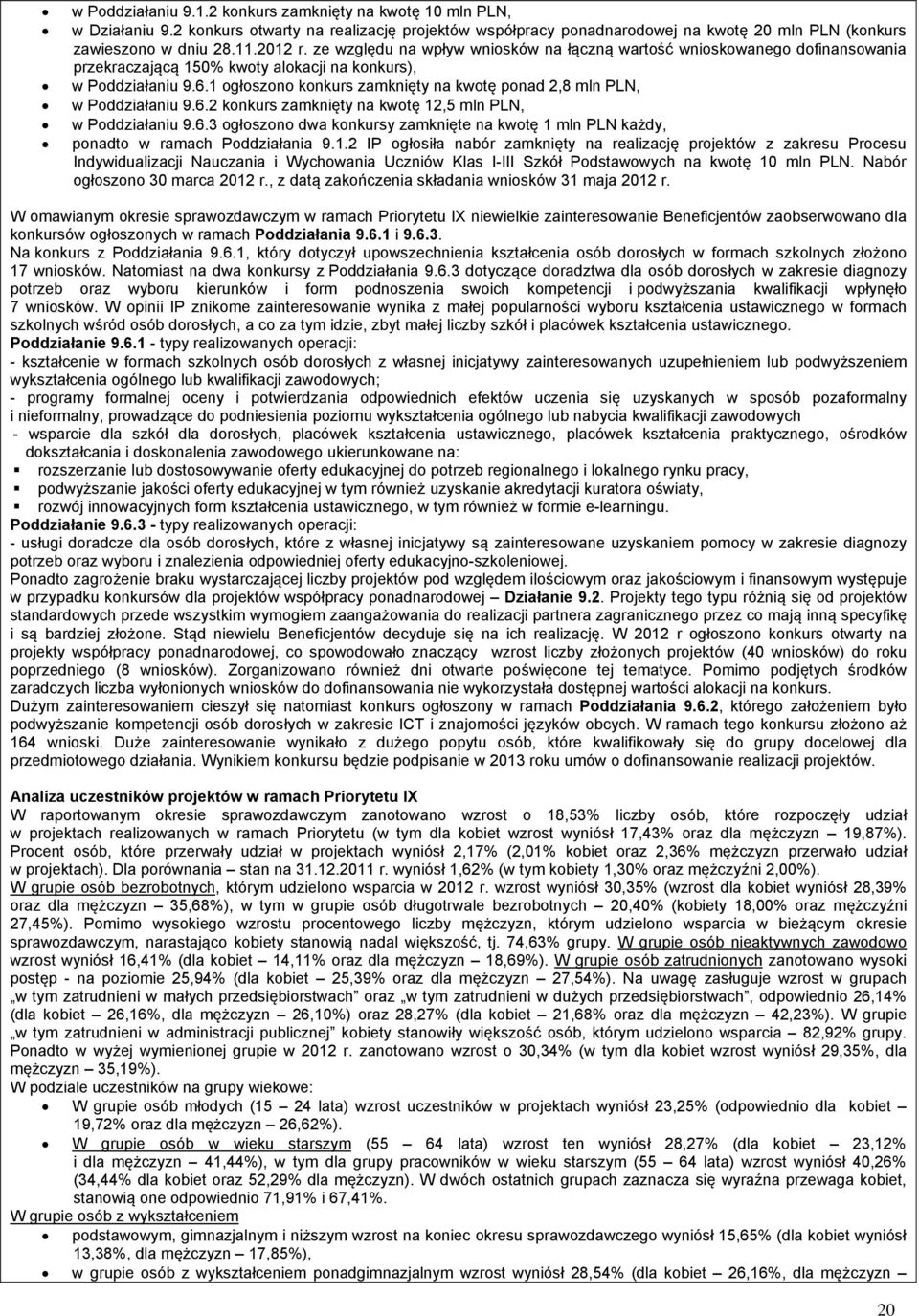 1 ogłoszono konkurs zamknięty na kwotę ponad 2,8 mln PLN, w Poddziałaniu 9.6.2 konkurs zamknięty na kwotę 12,5 mln PLN, w Poddziałaniu 9.6.3 ogłoszono dwa konkursy zamknięte na kwotę 1 mln PLN każdy, ponadto w ramach Poddziałania 9.