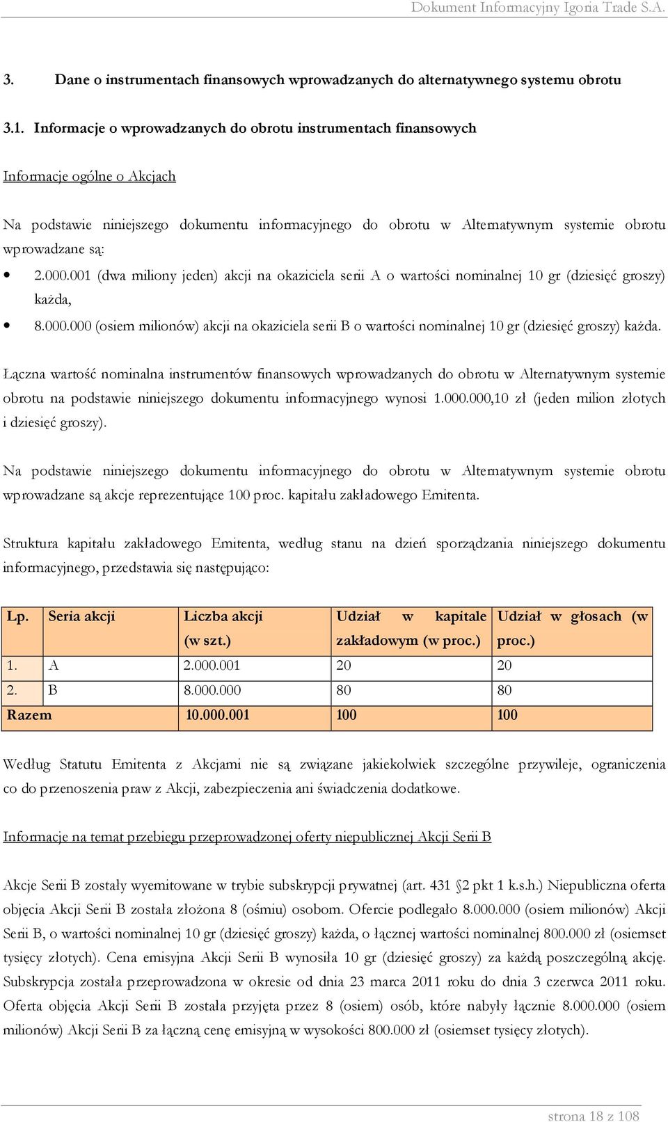 2.000.001 (dwa miliony jeden) akcji na okaziciela serii A o wartości nominalnej 10 gr (dziesięć groszy) każda, 8.000.000 (osiem milionów) akcji na okaziciela serii B o wartości nominalnej 10 gr (dziesięć groszy) każda.