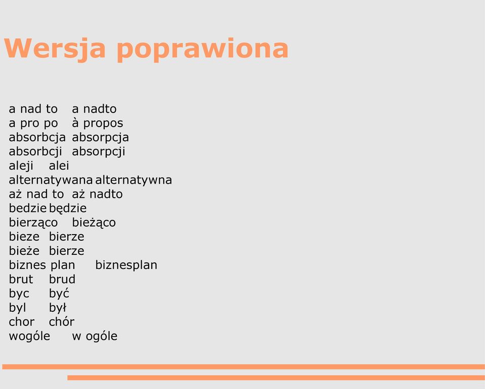 aż nad to aż nadto bedzie będzie bierząco bieżąco bieze bierze bieże