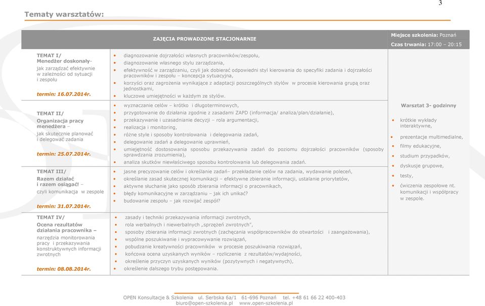 diagnozowanie dojrzałości własnych pracowników/zespołu, diagnozowanie własnego stylu zarządzania, efektywność w zarządzaniu, czyli jak dobierać odpowiedni styl kierowania do specyfiki zadania i
