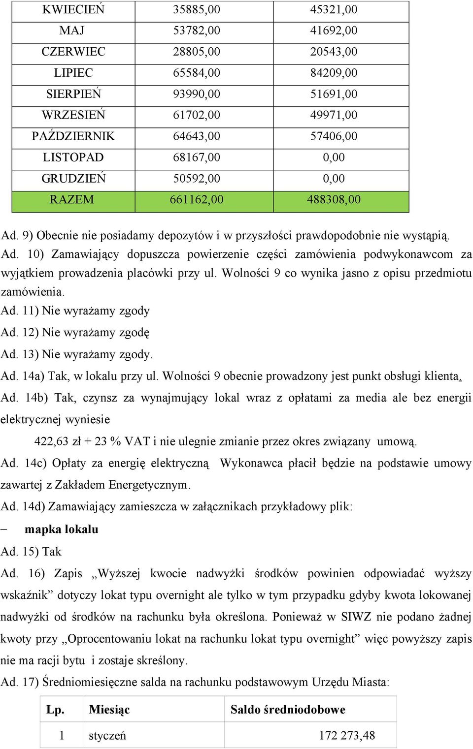 Wolności 9 co wynika jasno z opisu przedmiotu zamówienia. Ad. 11) Nie wyrażamy zgody Ad. 12) Nie wyrażamy zgodę Ad. 13) Nie wyrażamy zgody. Ad. 14a) Tak, w lokalu przy ul.