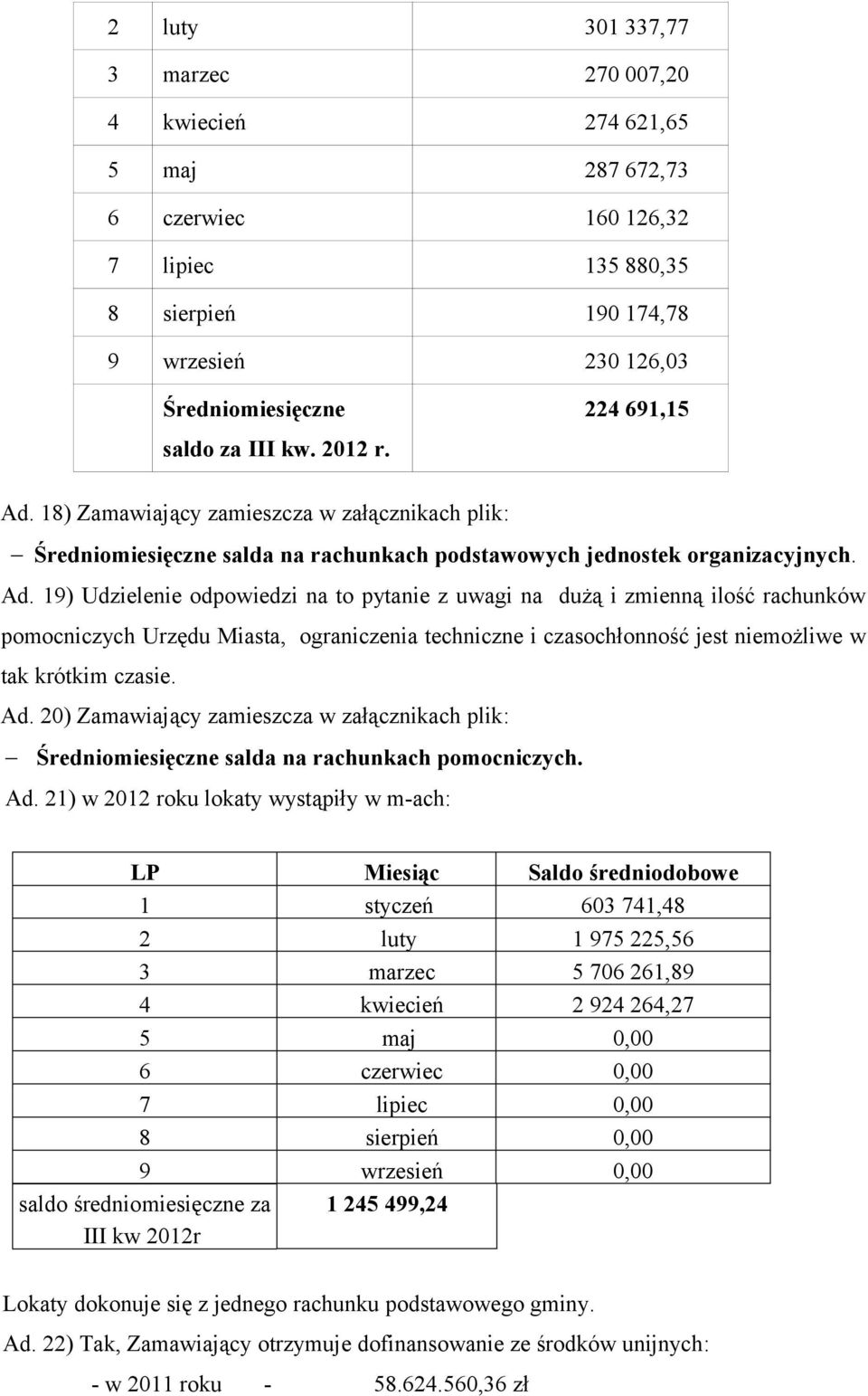 18) Zamawiający zamieszcza w załącznikach plik: Średniomiesięczne salda na rachunkach podstawowych jednostek organizacyjnych. Ad.