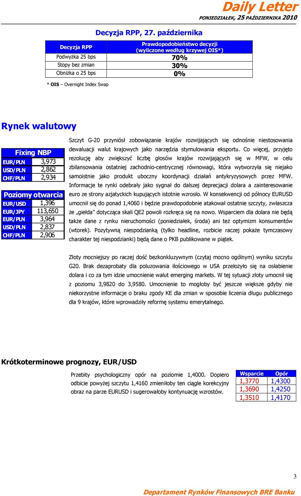 Fixing NBP EUR/PLN 73 USD/PLN 2,862 CHF/PLN 2,93 Poziomy otwarcia EUR/USD 1,396 EUR/JPY 113,650 EUR/PLN 6 USD/PLN 2,837 CHF/PLN 2,906 Szczyt G-20 przyniósł zobowiązanie krajów rozwijających się