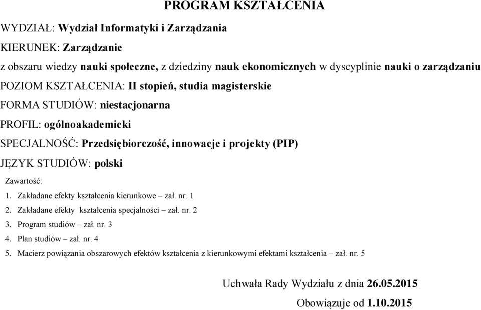 Przedsiębirczść, innwacje i prjekty (PIP) JĘZYK STUDIÓW: plski Zawartść: 1. Zakładane efekty kierunkwe zał. nr. 1 2. Zakładane efekty specjalnści zał. nr. 2. Prgram studiów zał.