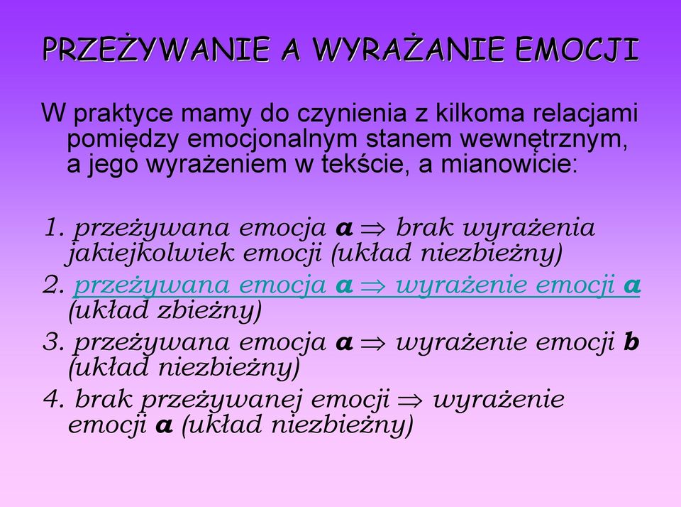 przeżywana emocja a brak wyrażenia jakiejkolwiek emocji (układ niezbieżny) 2.