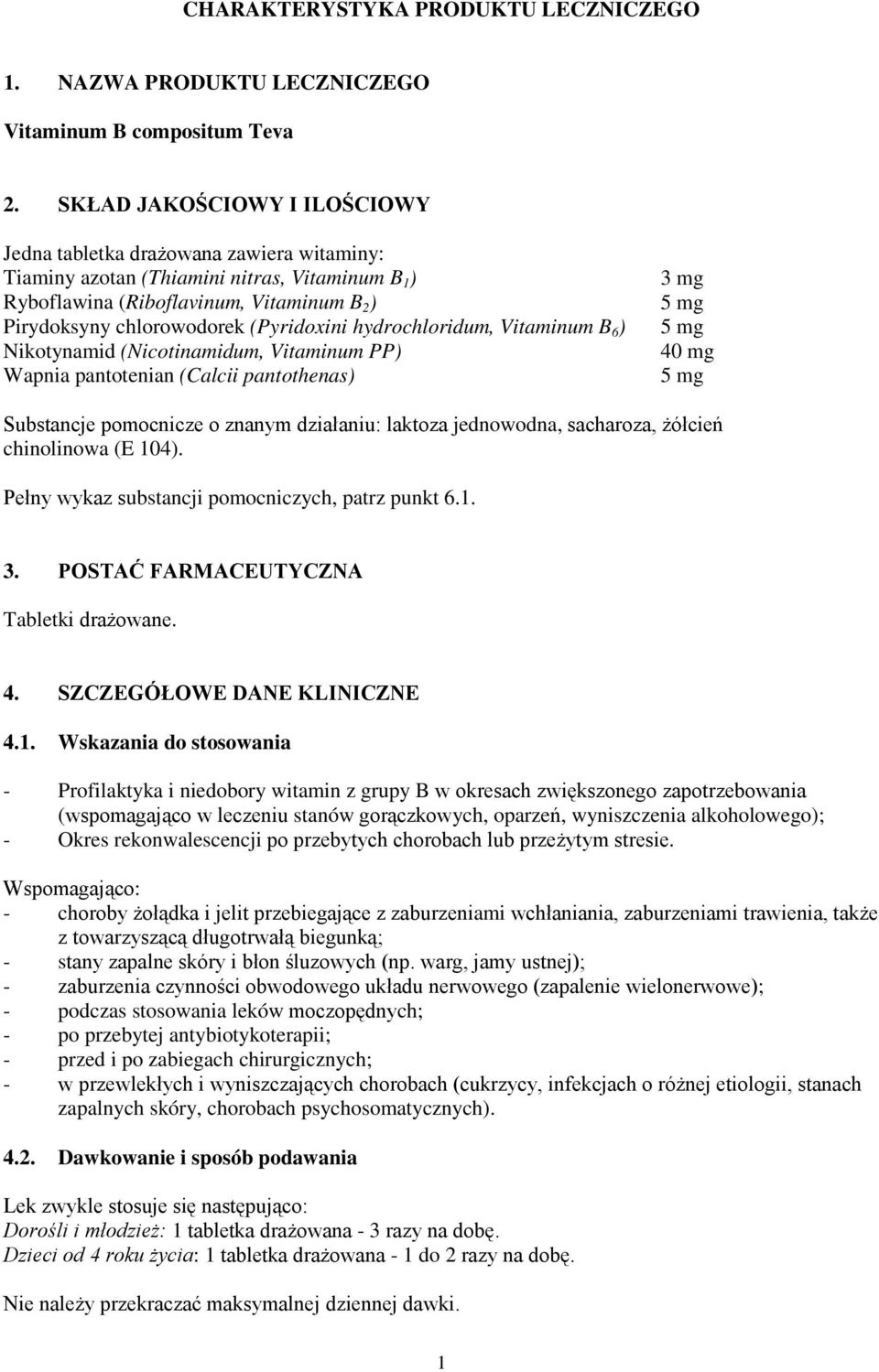 (Pyridoxini hydrochloridum, Vitaminum B 6 ) Nikotynamid (Nicotinamidum, Vitaminum PP) Wapnia pantotenian (Calcii pantothenas) 3 mg 5 mg 5 mg 40 mg 5 mg Substancje pomocnicze o znanym działaniu: