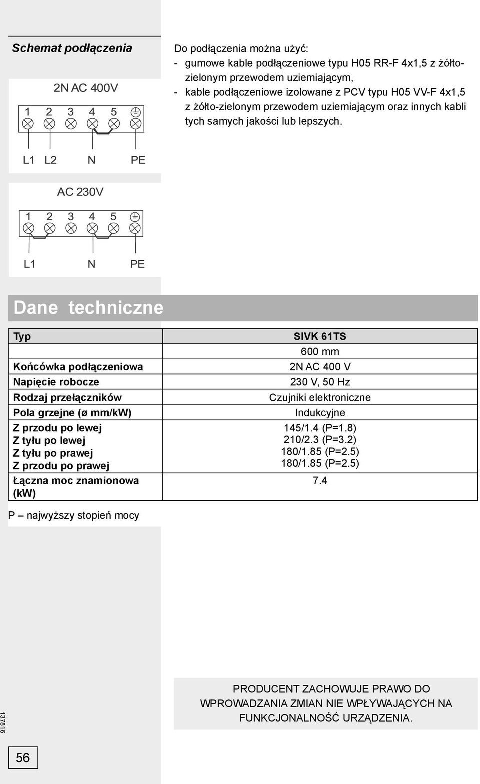 Dane techniczne Typ Końcówka podłączeniowa Napięcie robocze Rodzaj przełączników Pola grzejne (ø mm/kw) Z przodu po lewej Z tyłu po lewej Z tyłu po prawej Z przodu po prawej Łączna moc