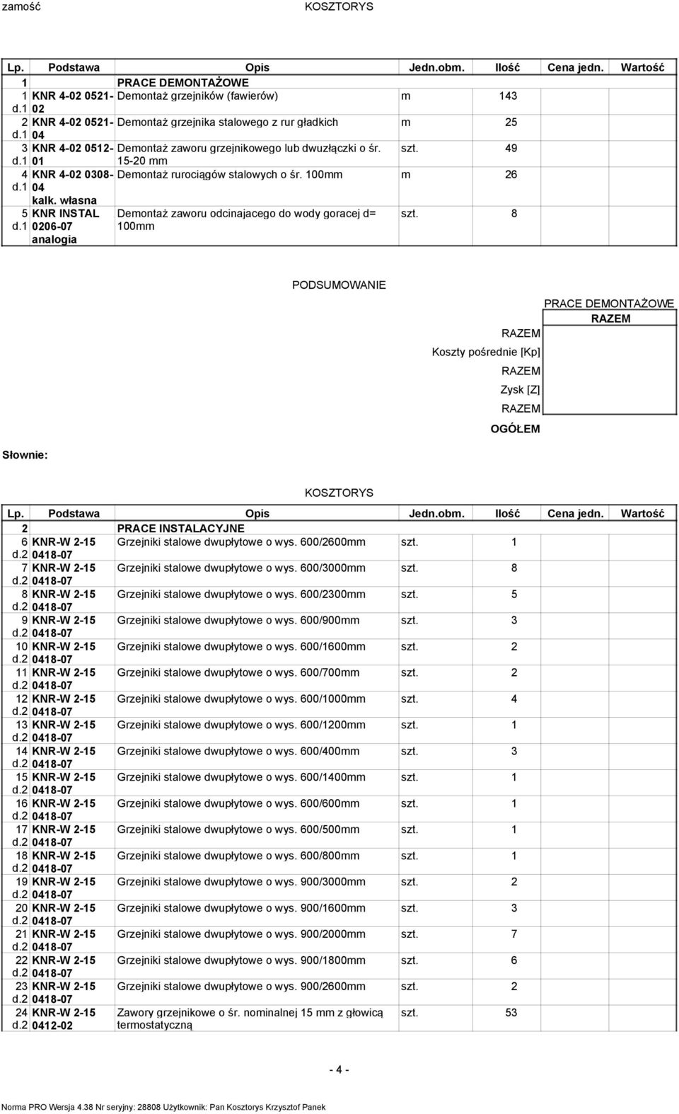 1 01 15-20 mm 4 KNR 4-02 0308- Demontaż rurociągów stalowych o śr. 100mm d.1 04 m 26 kalk. własna 5 KNR INSTAL d.1 0206-07 Demontaż zaworu odcinajacego do wody goracej d= 100mm szt.