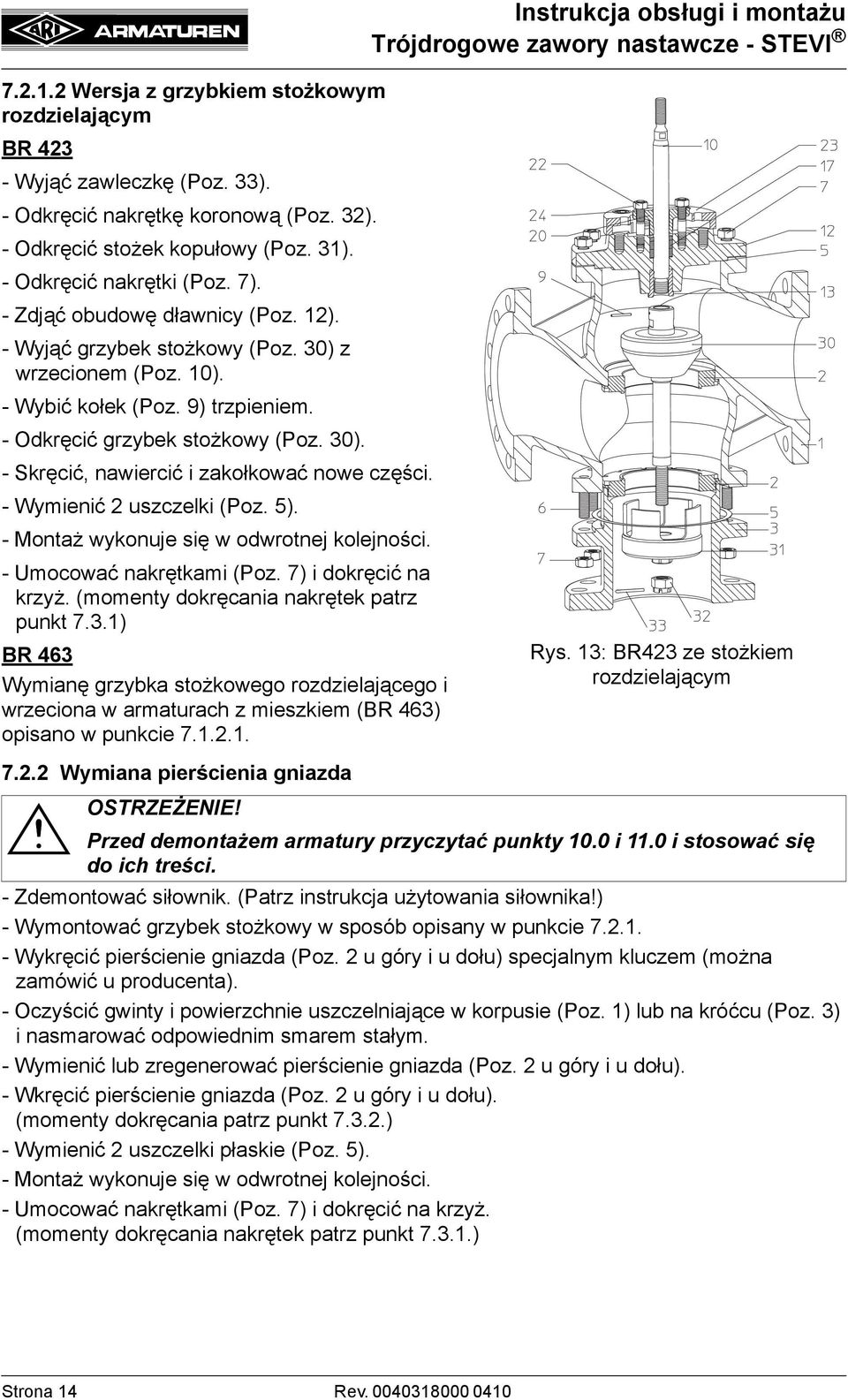 - Wymienić 2 uszczelki (Poz. 5). - Montaż wykonuje się w odwrotnej kolejności. - Umocować nakrętkami (Poz. 7) i dokręcić na krzyż. (momenty dokręcania nakrętek patrz punkt 7.3.