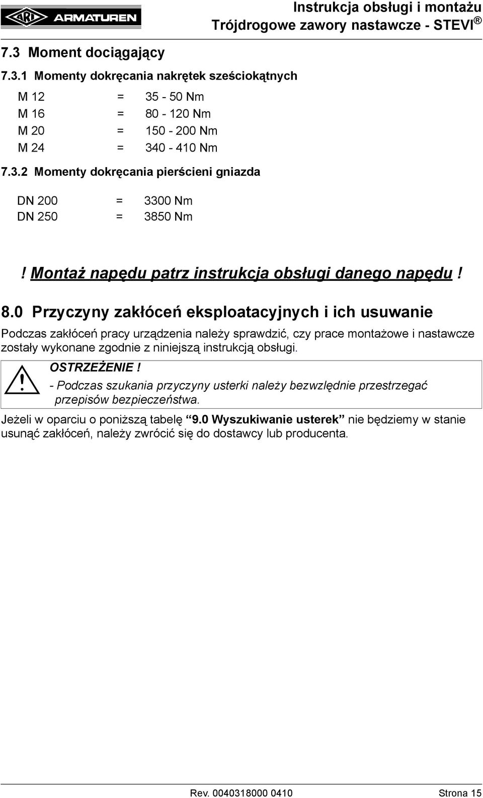 0 Przyczyny zakłóceń eksploatacyjnych i ich usuwanie Podczas zakłóceń pracy urządzenia należy sprawdzić, czy prace montażowe i nastawcze zostały wykonane zgodnie z niniejszą instrukcją