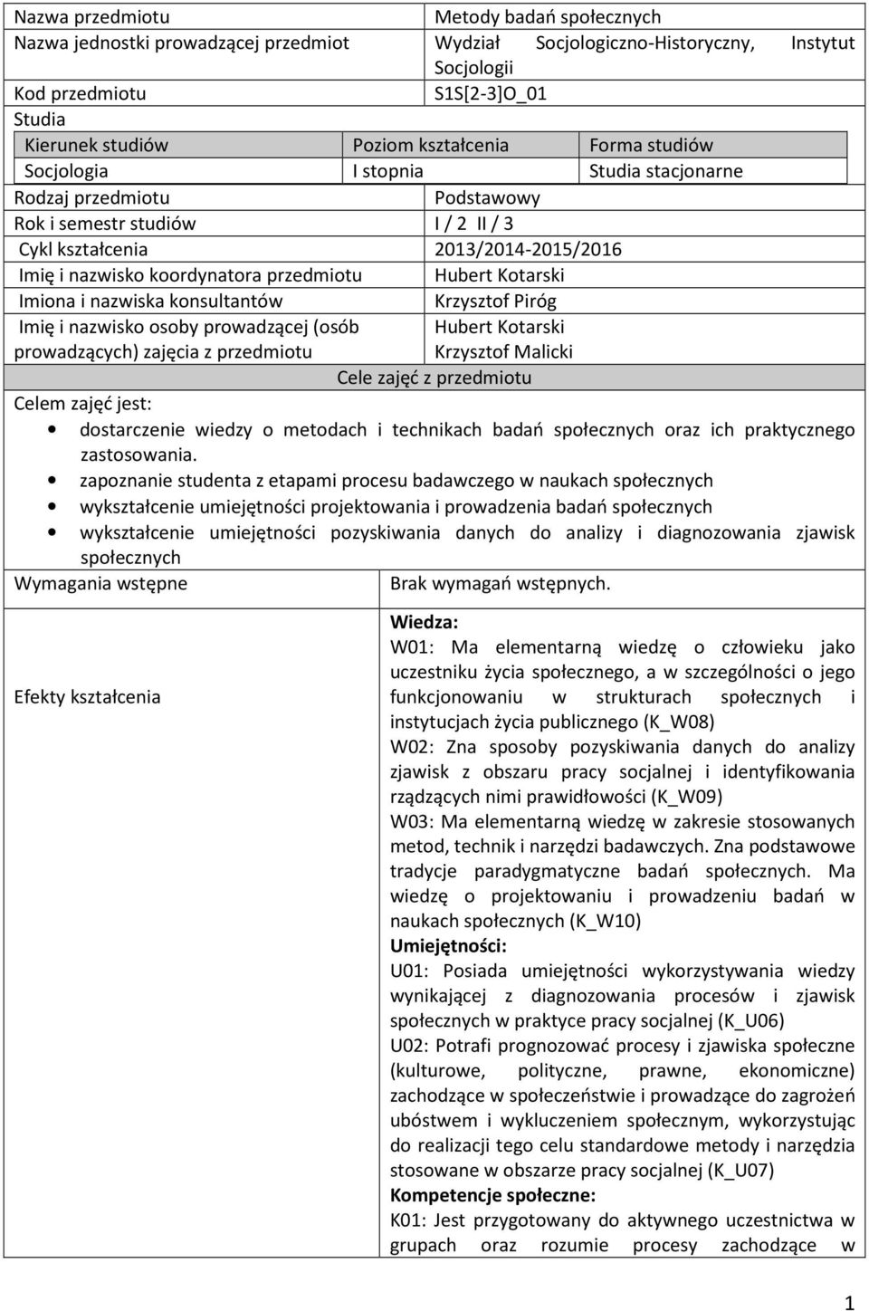 przedmiotu Hubert Kotarski Imiona i nazwiska konsultantów Krzysztof Piróg Imię i nazwisko osoby prowadzącej (osób prowadzących) zajęcia z przedmiotu Hubert Kotarski Krzysztof Malicki Cele zajęć z