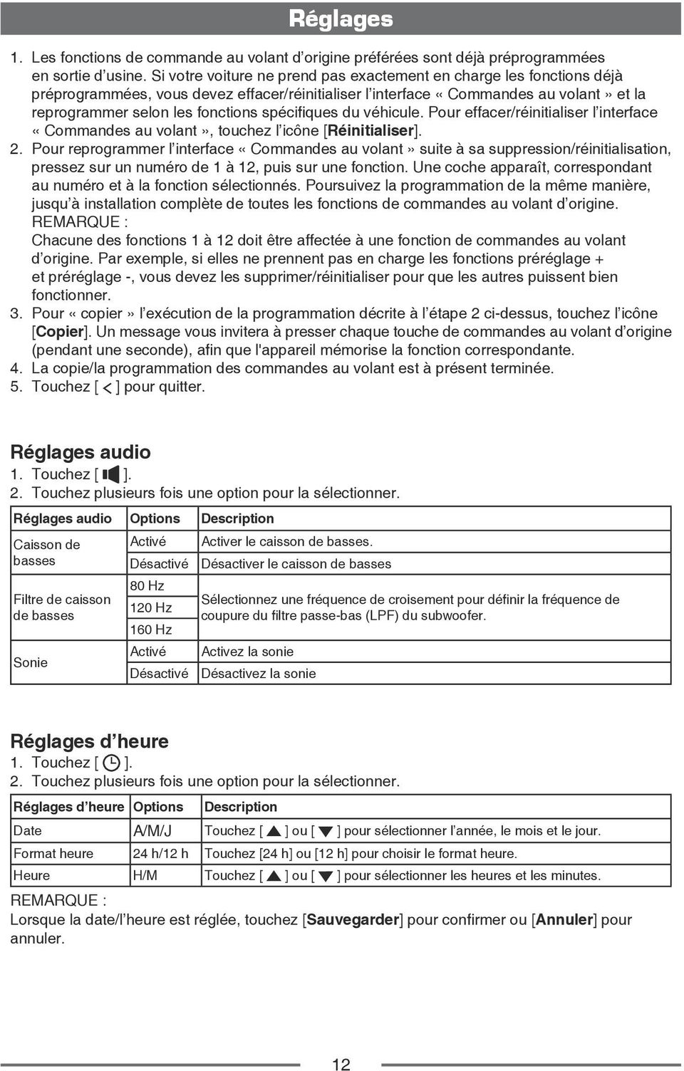 spécifiques du véhicule. Pour effacer/réinitialiser l interface «Commandes au volant», touchez l icône [Réinitialiser]. 2.