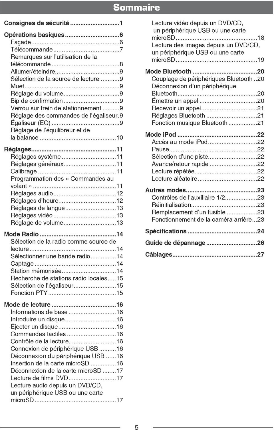 ..10 Réglages...11 Réglages système...11 Réglages généraux...11 Calibrage...11 Programmation des «Commandes au volant»...11 Réglages audio...12 Réglages d heure...12 Réglages de langue.