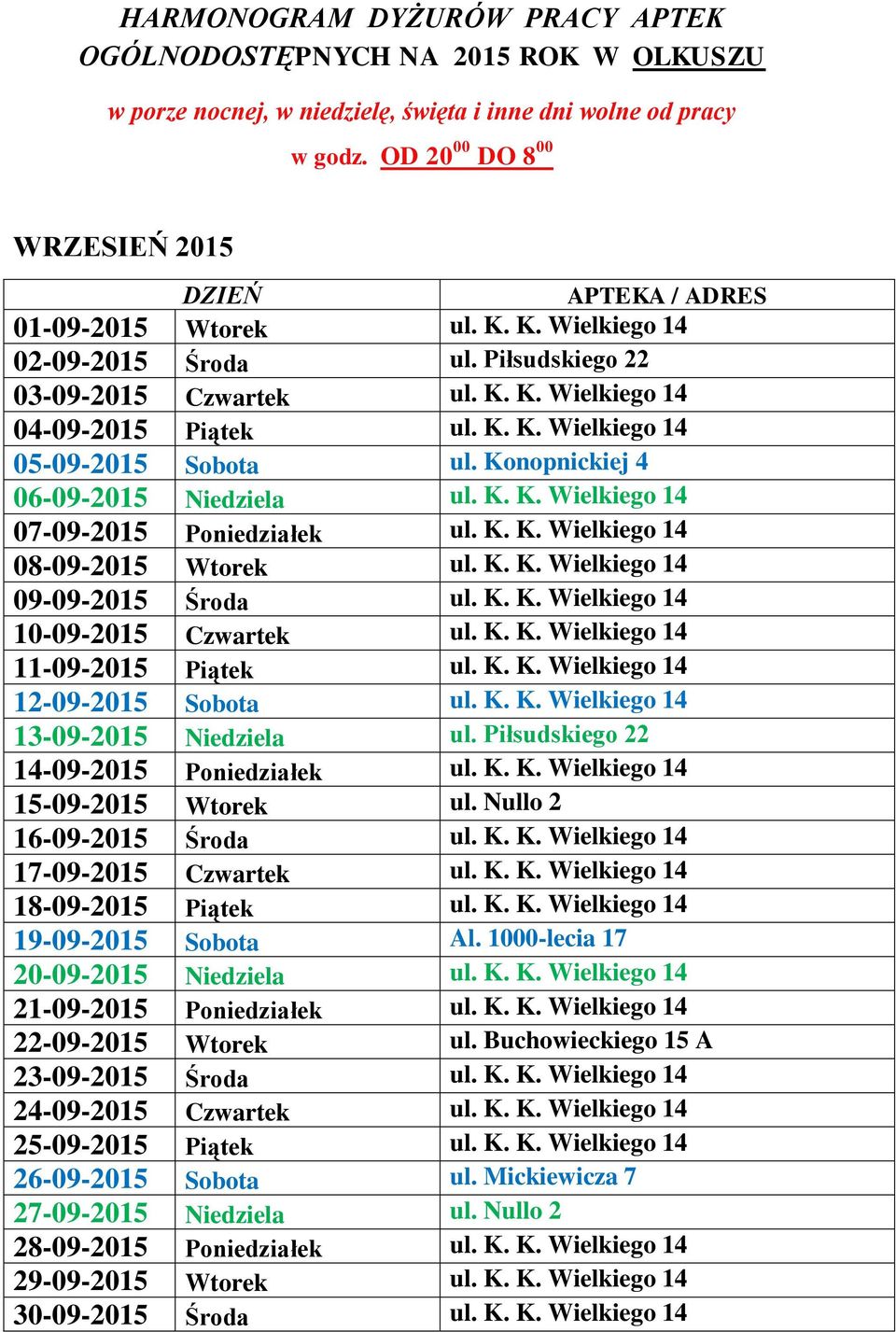 K. K. Wielkiego 14 11-09-2015 Piątek ul. K. K. Wielkiego 14 12-09-2015 Sobota ul. K. K. Wielkiego 14 13-09-2015 Niedziela ul. Piłsudskiego 22 14-09-2015 Poniedziałek ul. K. K. Wielkiego 14 15-09-2015 Wtorek ul.
