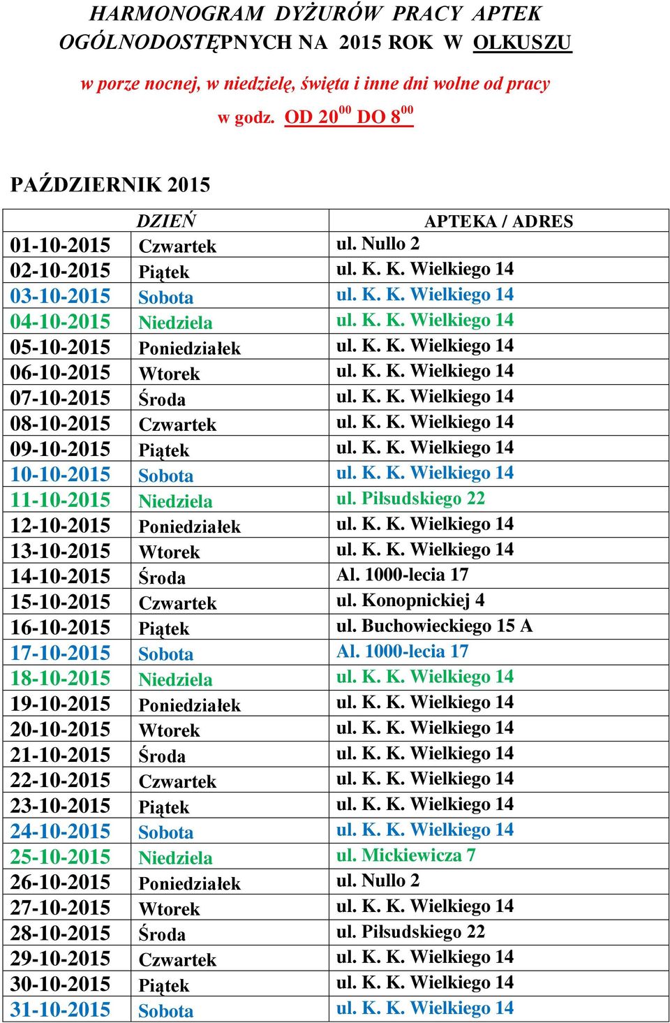 K. K. Wielkiego 14 11-10-2015 Niedziela ul. Piłsudskiego 22 12-10-2015 Poniedziałek ul. K. K. Wielkiego 14 13-10-2015 Wtorek ul. K. K. Wielkiego 14 14-10-2015 Środa Al.