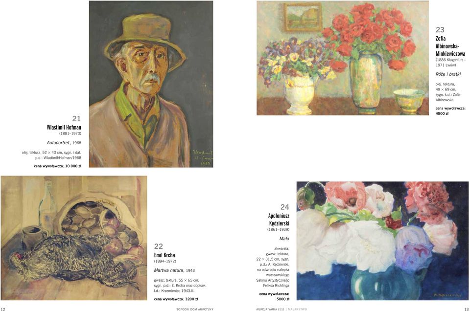 t. p.d.: Wlastimil/Hofman/1968 10 000 zł 24 Apoloniusz Kędzierski (1861 1939) 22 Emil Krcha (1894 1972) Martwa natura, 1943 gwasz, tektura, 55 65 cm, sygn. p.d.: E.