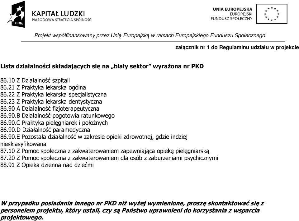 90 A Działalność fizjoterapeutyczna 86.90.B Działalność pogotowia ratunkowego 86.90.C Praktyka pielęgniarek i położnych 86.90.D Działalność paramedyczna 86.90.E Pozostała działalność w zakresie opieki zdrowotnej, gdzie indziej niesklasyfikowana 87.