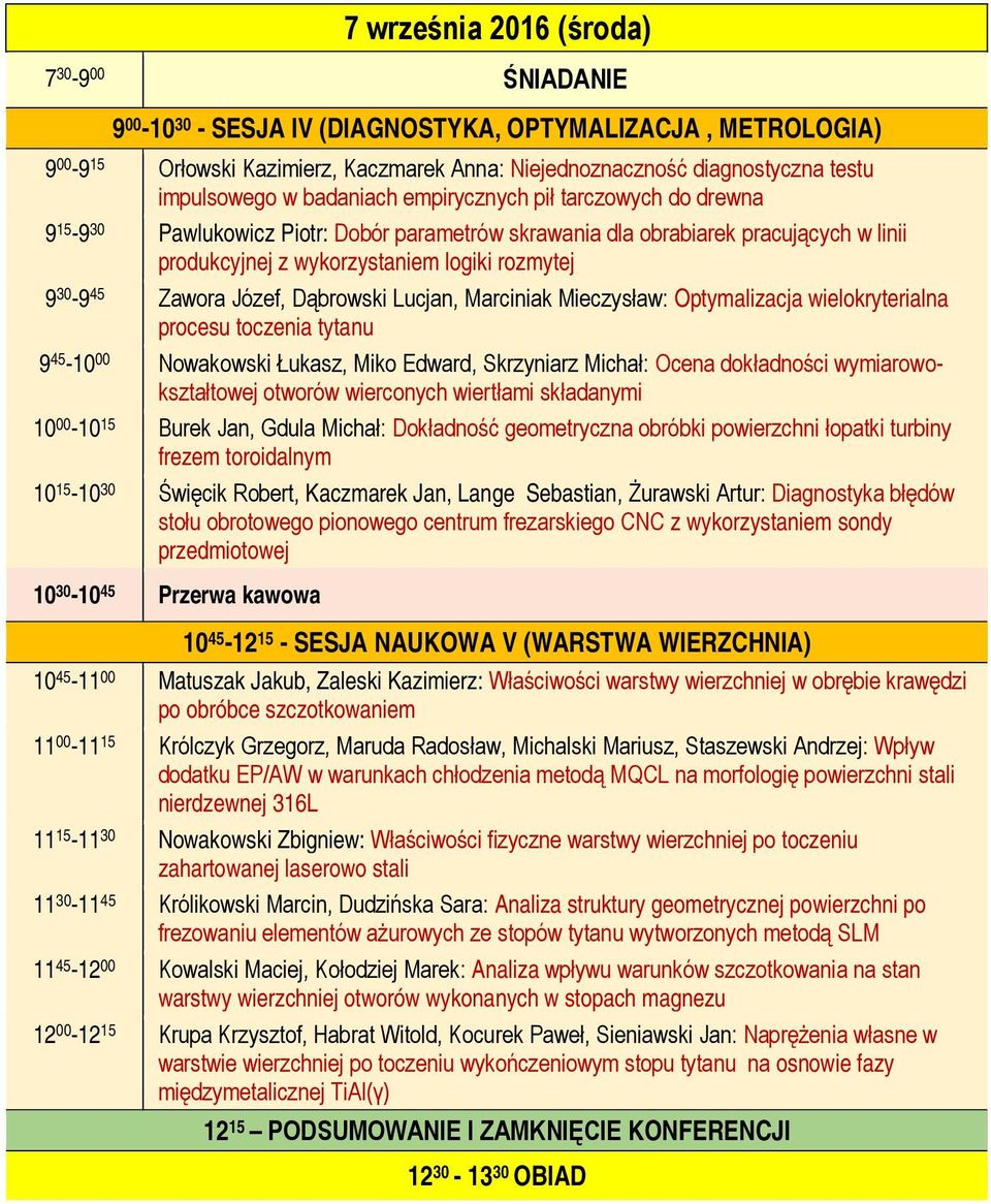 9 30-9 45 Zawora Józef, Dąbrowski Lucjan, Marciniak Mieczysław: Optymalizacja wielokryterialna procesu toczenia tytanu 9 45-10 00 Nowakowski Łukasz, Miko Edward, Skrzyniarz Michał: Ocena dokładności
