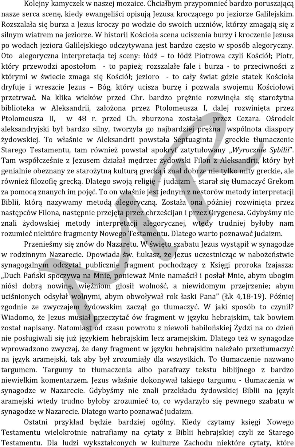 W historii Kościoła scena uciszenia burzy i kroczenie Jezusa po wodach jeziora Galilejskiego odczytywana jest bardzo często w sposób alegoryczny.
