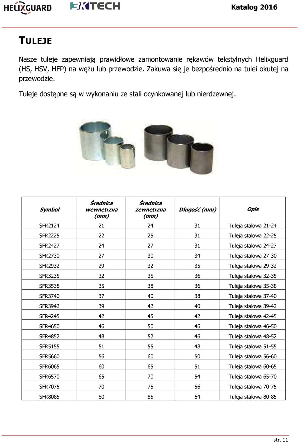 Średnica wewnętrzna (mm) Średnica zewnętrzna (mm) Długość (mm) Opis SFR2124 21 24 31 Tuleja stalowa 21-24 SFR2225 22 25 31 Tuleja stalowa 22-25 SFR2427 24 27 31 Tuleja stalowa 24-27 SFR2730 27 30 34