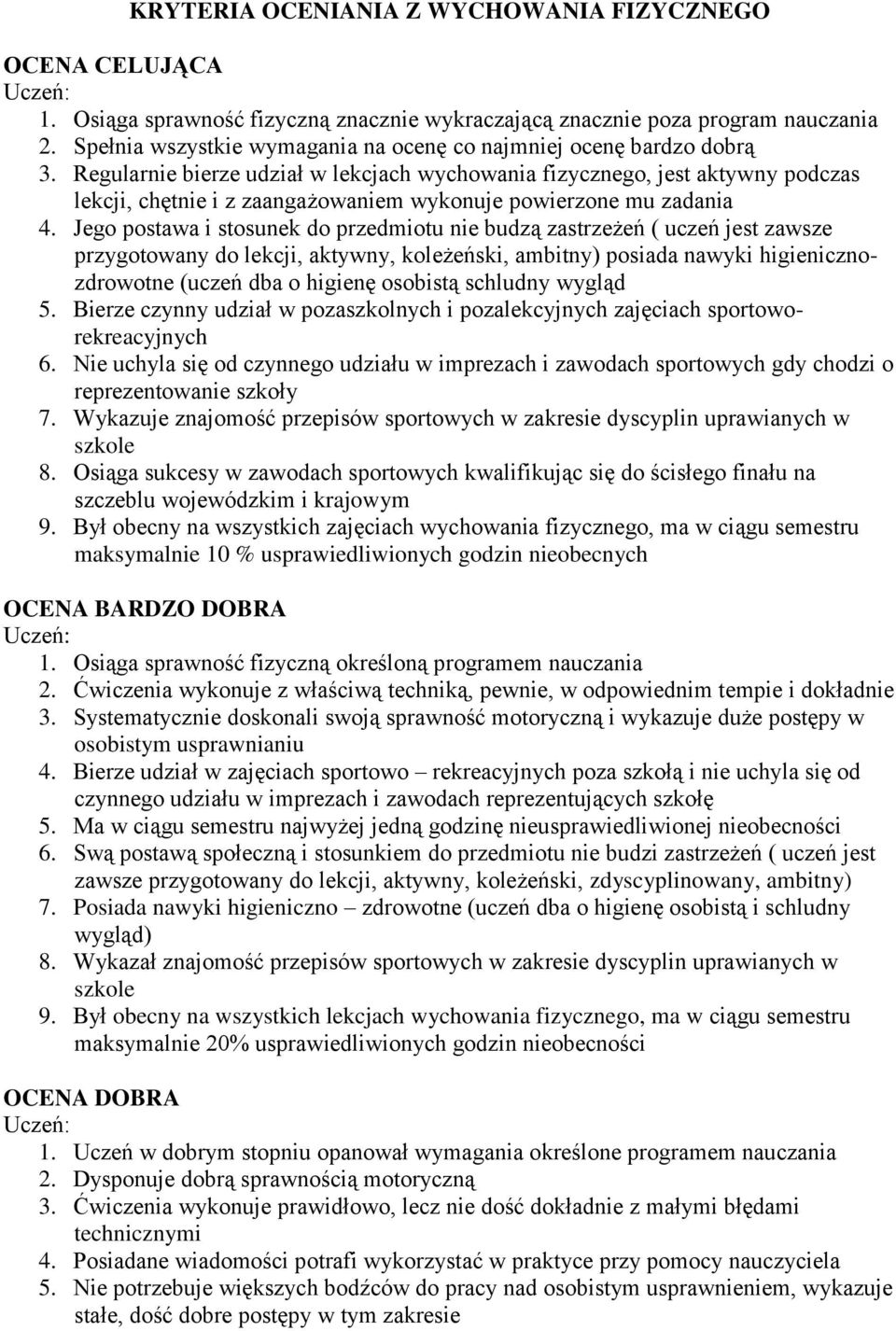 Regularnie bierze udział w lekcjach wychowania fizycznego, jest aktywny podczas lekcji, chętnie i z zaangażowaniem wykonuje powierzone mu zadania 4.