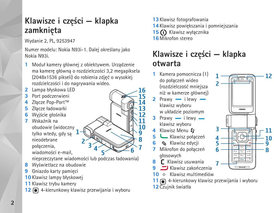 2 Lampa b³yskowa LED 3 Port podczerwieni 4 Z³±cze Pop-Port 5 Z³±cze ³adowarki 6 Wyj cie g³o nika 7 Wska¼nik na obudowie (widoczny tylko wtedy, gdy s± nieodebrane po³±czenia, wiadomo ci e-mail,