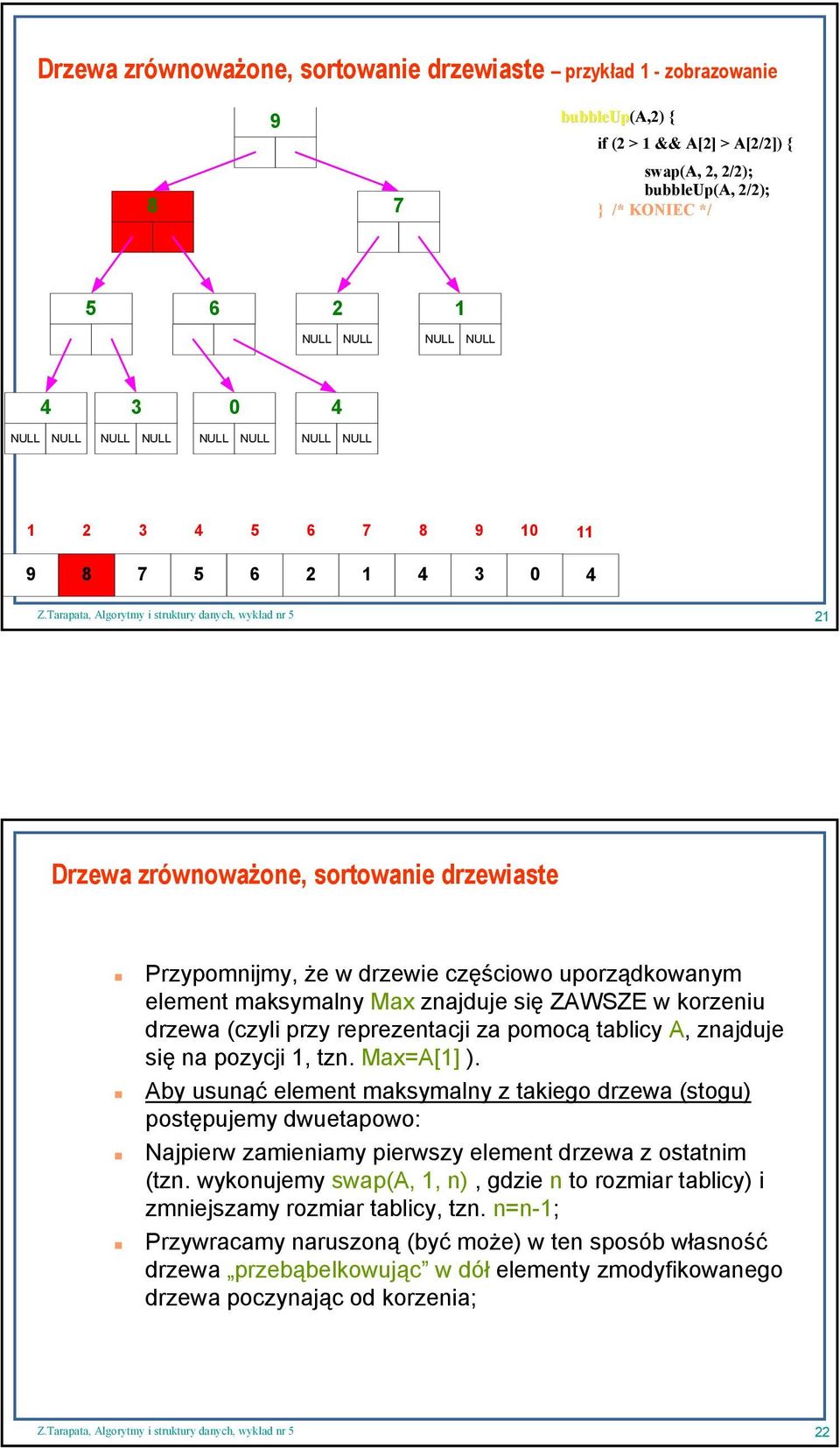 A, znajduje się na pozycji 1, tzn. Max=A[1] ). Aby usunąć element maksymalny z takiego drzewa (stogu) postępujemy dwuetapowo: Najpierw zamieniamy pierwszy element drzewa z ostatnim (tzn.