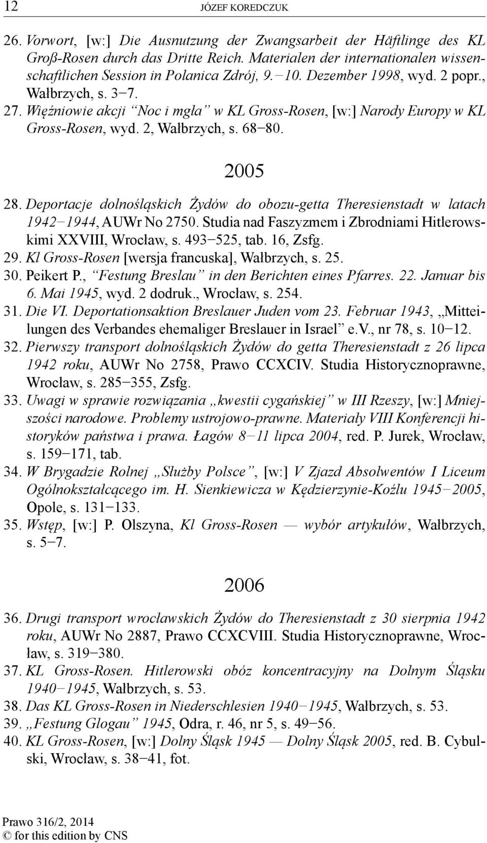 Więźniowie akcji Noc i mgła w KL Gross-Rosen, [w:] Narody Europy w KL Gross-Rosen, wyd. 2, Wałbrzych, s. 68 80. 2005 28.