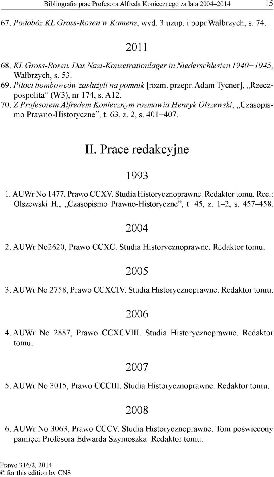 Z Profesorem Alfredem Koniecznym rozmawia Henryk Olszewski, Czasopismo Prawno-Historyczne, t. 63, z. 2, s. 401 407. II. Prace redakcyjne 1993 1. AUWr No 1477, Prawo CCXV. Studia Historycznoprawne.