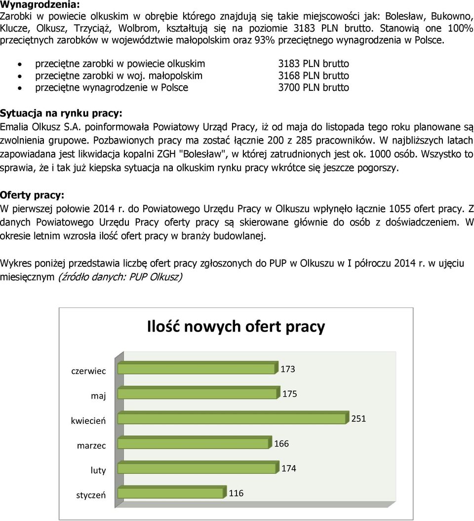 małopolskim 3168 PLN brutto przeciętne wynagrodzenie w Polsce 3700 PLN brutto Sytuacja na rynku pracy: Emalia Olkusz S.A.