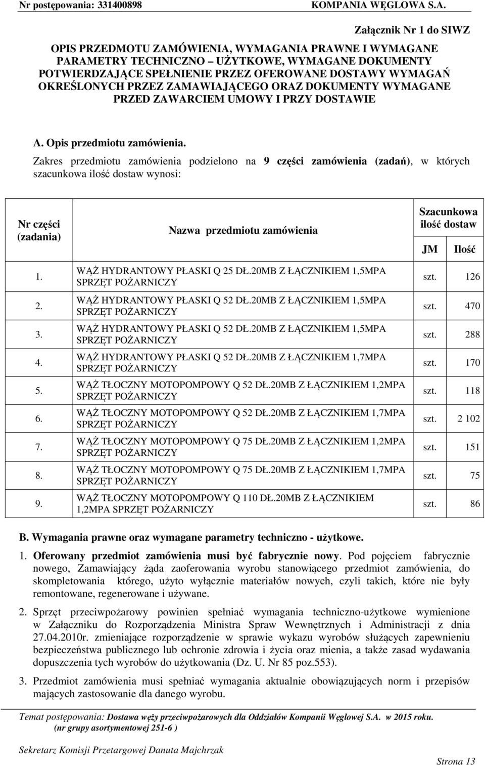 Zakres przedmiotu zamówienia podzielono na 9 części zamówienia (zadań), w których szacunkowa ilość dostaw wynosi: Nr części (zadania) 1. 2. 3. 4. 5. 6. 7. 8. 9. Nazwa przedmiotu zamówienia WĄŻ HYDRANTOWY PŁASKI Q 25 DŁ.