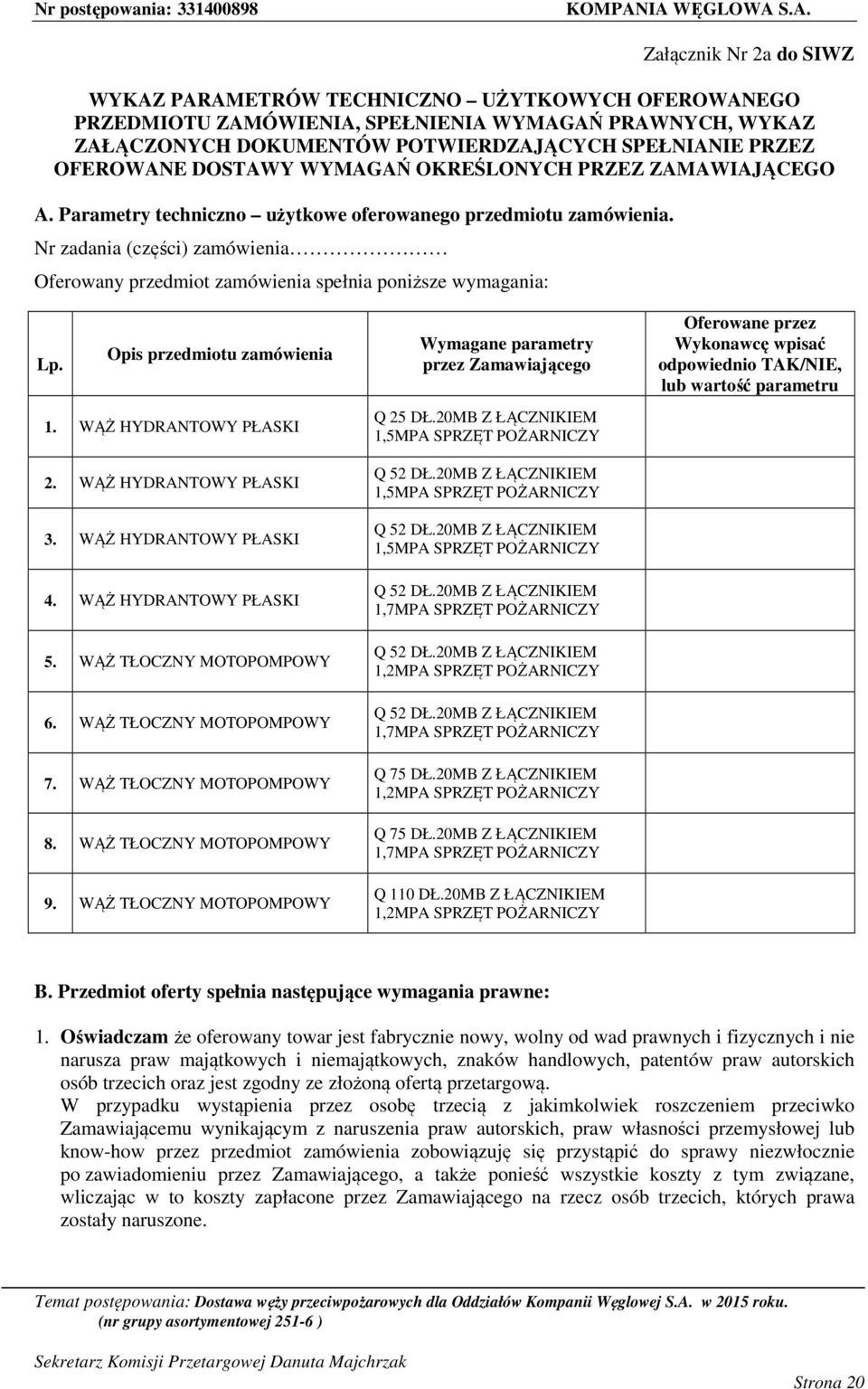Nr zadania (części) zamówienia Oferowany przedmiot zamówienia spełnia poniższe wymagania: Lp. Opis przedmiotu zamówienia 1. WĄŻ HYDRANTOWY PŁASKI 2. WĄŻ HYDRANTOWY PŁASKI 3. WĄŻ HYDRANTOWY PŁASKI 4.