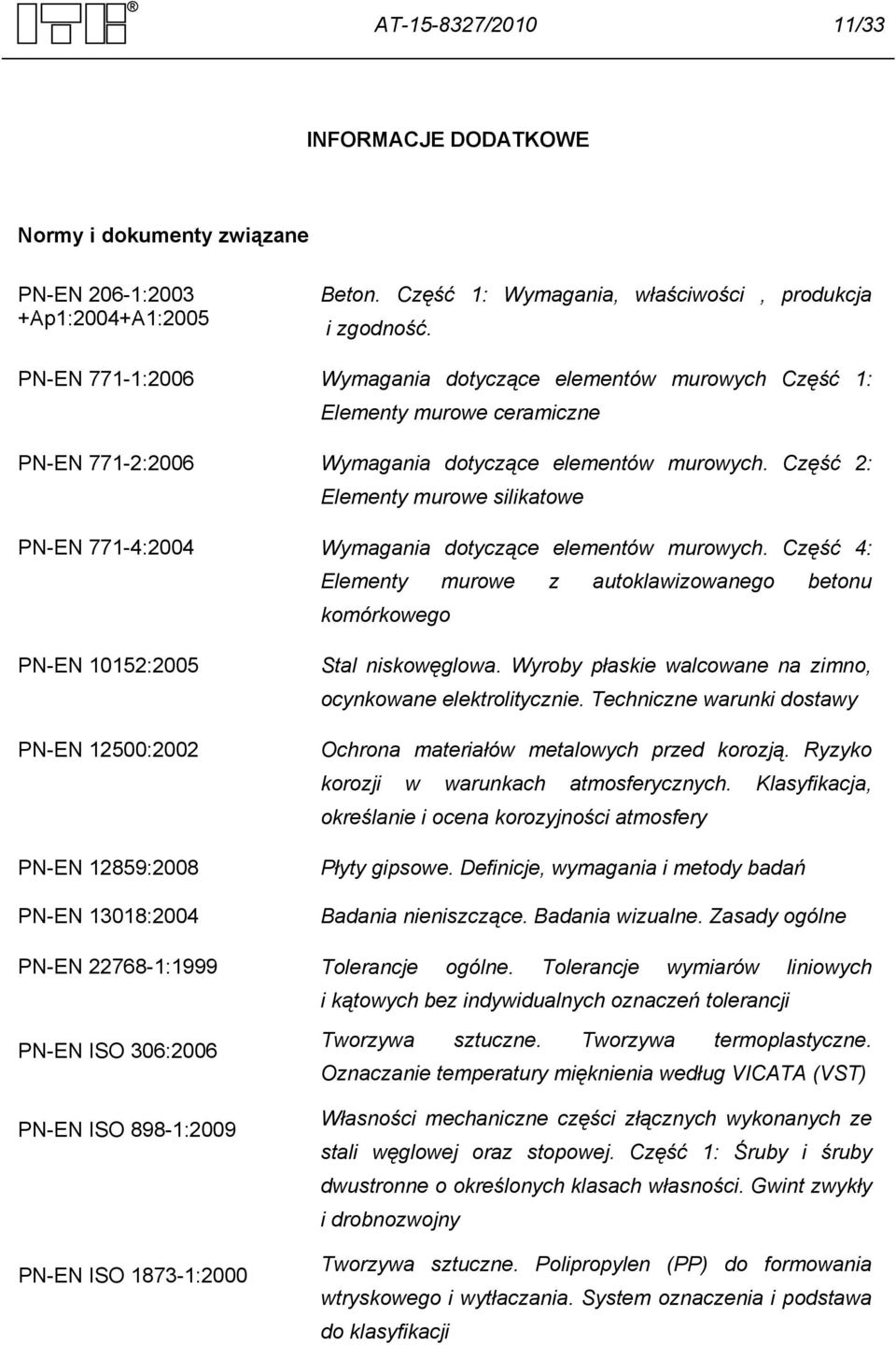 Część 2: Elementy murowe silikatowe PN-EN 771-4:2004 Wymagania dotyczące elementów murowych.