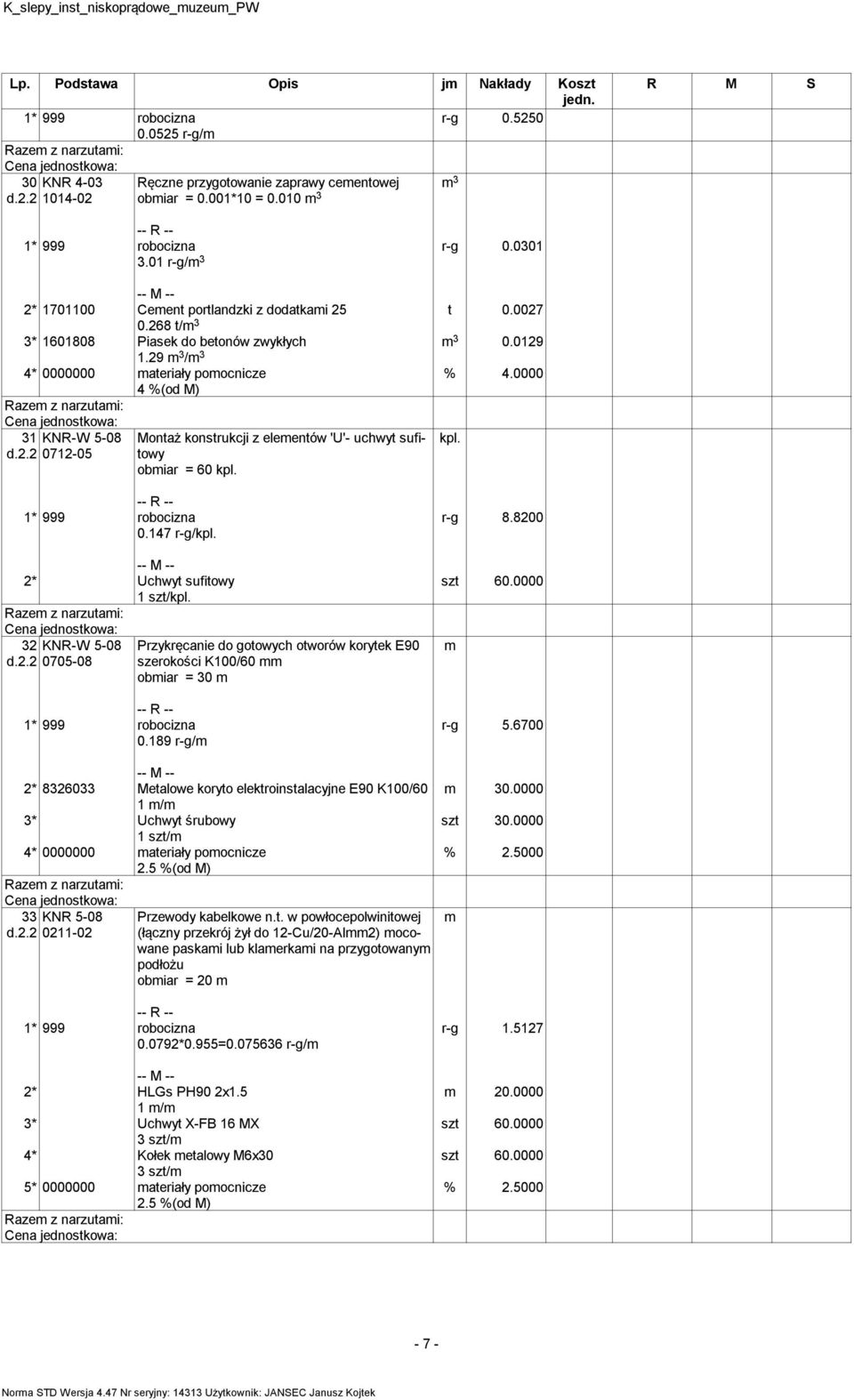 0000 4 %(od M) 31 KNR-W 5-08 d.2.2 0712-05 Montaż konstrukcji z eleentów 'U'- uchwyt sufitowy obiar = 60 kpl. kpl. 0.147 r-g/kpl. 2* Uchwyt sufitowy 1 szt/kpl. 32 KNR-W 5-08 d.2.2 0705-08 0.