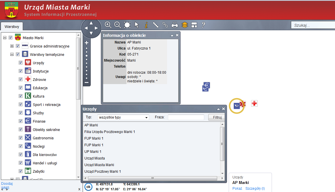 Po zaznaczeniu na przykład zakładki urzędy, na mapie pojawią się wszystkie instytucje urzędnicze, które obecnie działają na