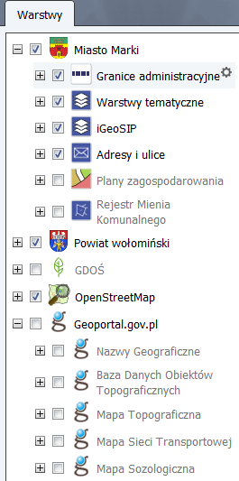 Czas przeładowania przy przeskalowaniu mapy wynosi 3 sekundy. Sekcja warstw informacyjnych W sekcji znajduje się prezentacja warstw informacyjnych prezentowanych w systemie.