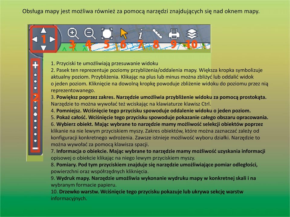 Kliknięcie na dowolną kropkę powoduje zbliżenie widoku do poziomu przez nią reprezentowanego. 3. Powiększ poprzez zakres. Narzędzie umożliwia przybliżenie widoku za pomocą prostokąta.