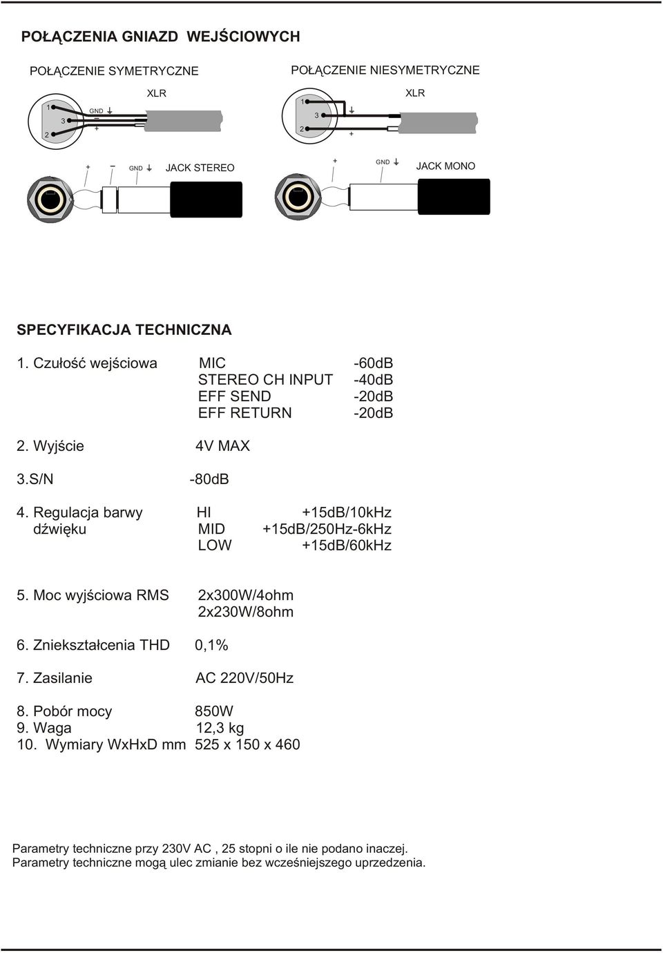 Regulacja barwy HI +15dB/10kHz dÿwiêku MID +15dB/250Hz-6kHz LOW +15dB/60kHz 5. Moc wyjœciowa RMS 2x300W/4ohm 2x230W/8ohm 6. Zniekszta³cenia THD 0,1% 7.