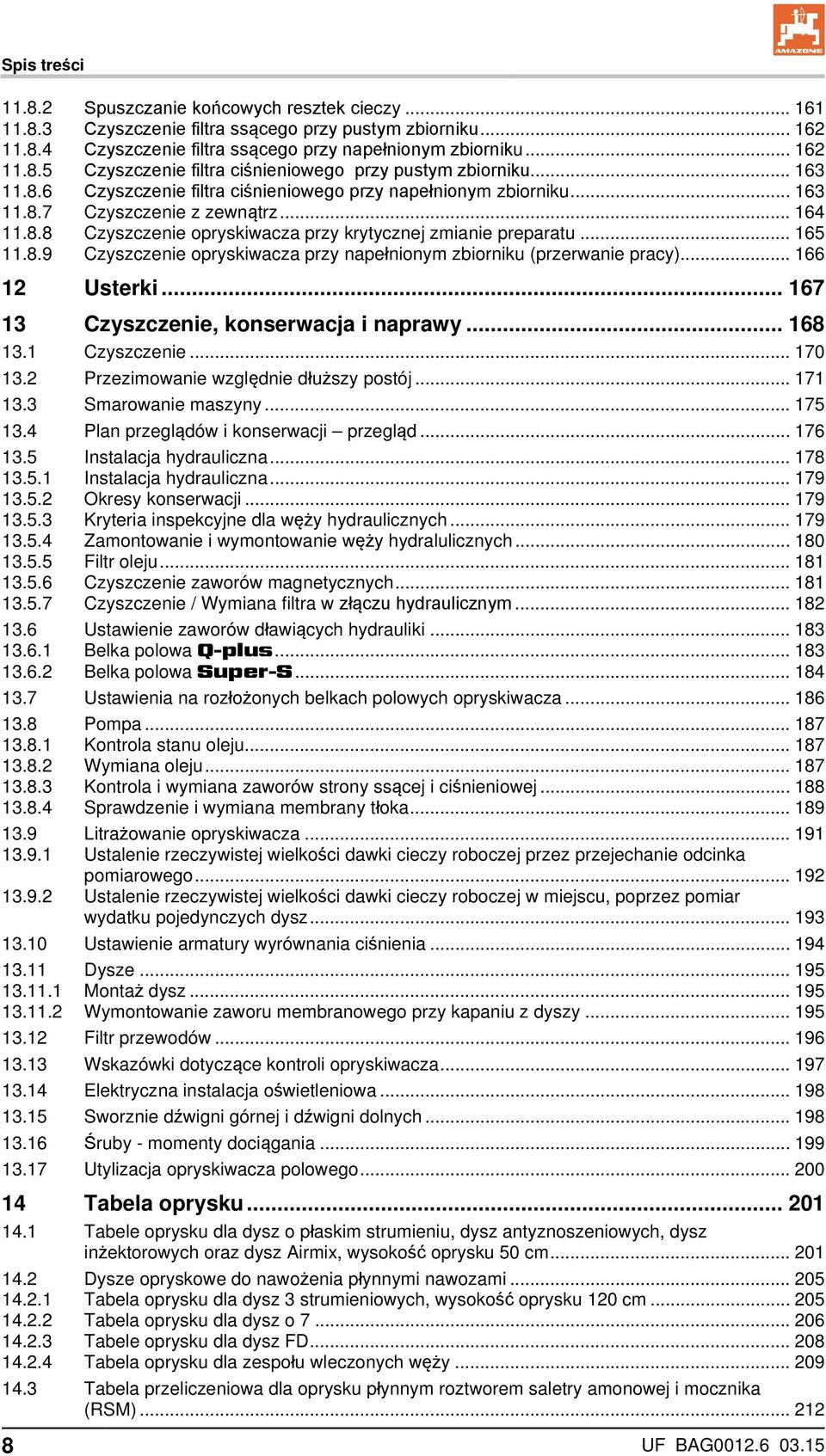 .. 166 12 Usterki... 167 13 Czyszczenie, konserwacja i naprawy... 168 13.1 Czyszczenie... 170 13.2 Przezimowanie względnie dłuższy postój... 171 13.3 Smarowanie maszyny... 175 13.